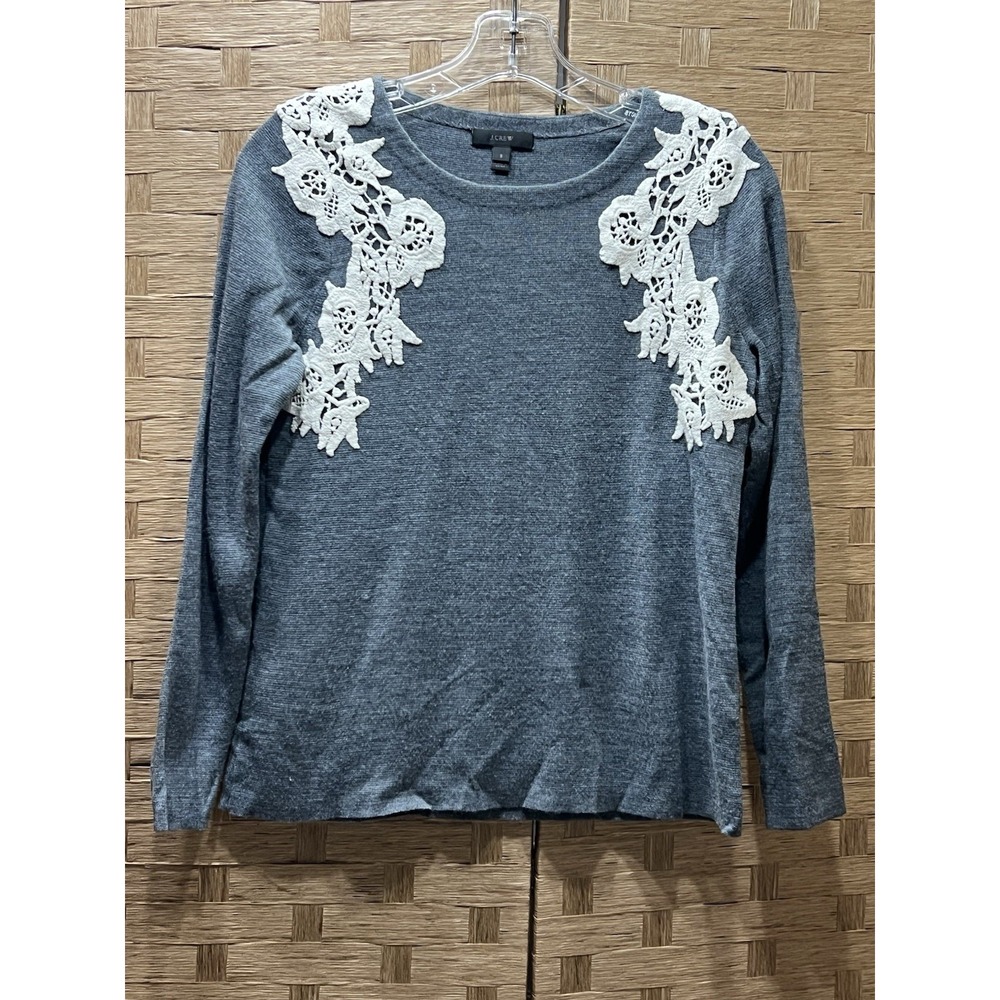 J Crew Women's Merino Wool Blend Sweater Gray w/ Lace Trim Sz S Excellent Cond!